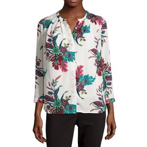 Small Like New Liz Claiborne Semi Sheer Chiffon White Floral Blouse